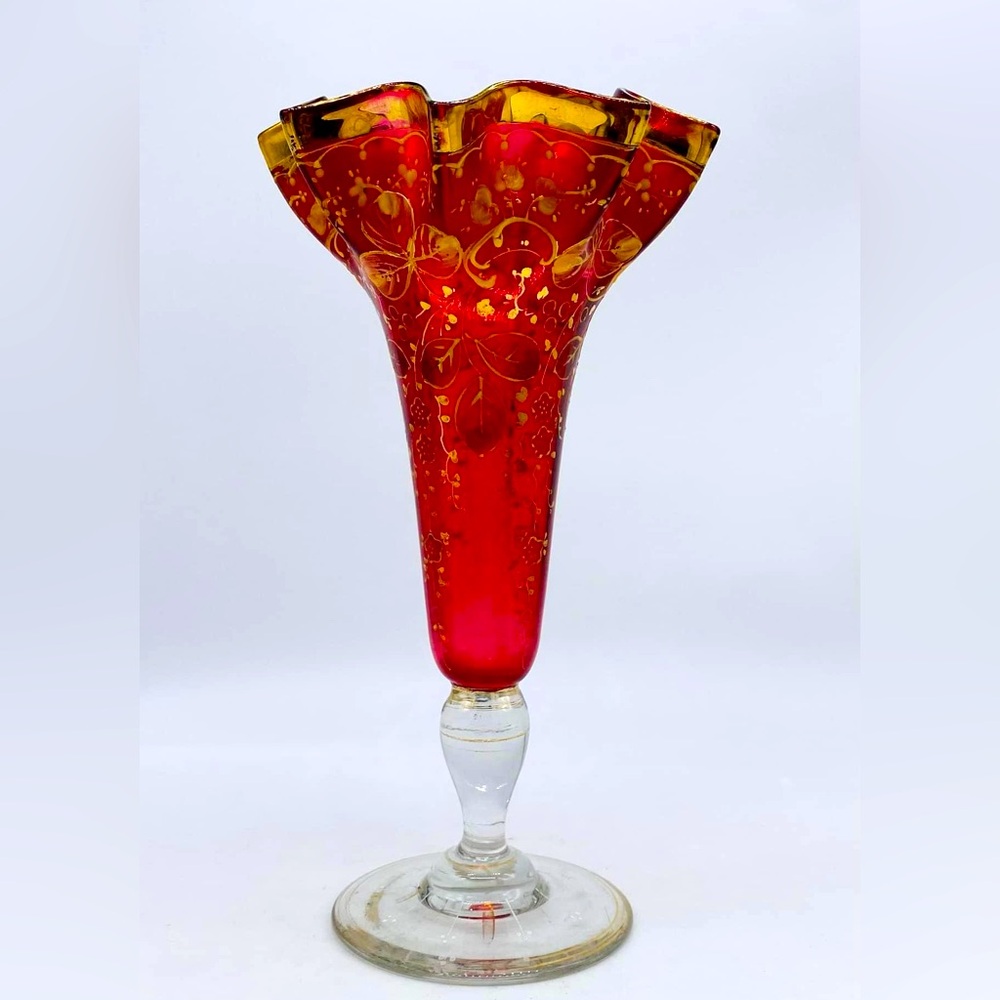 Antique c. 1880 Bohemian HARRACH for MOSER Cranberry Glass Ruffled Vase